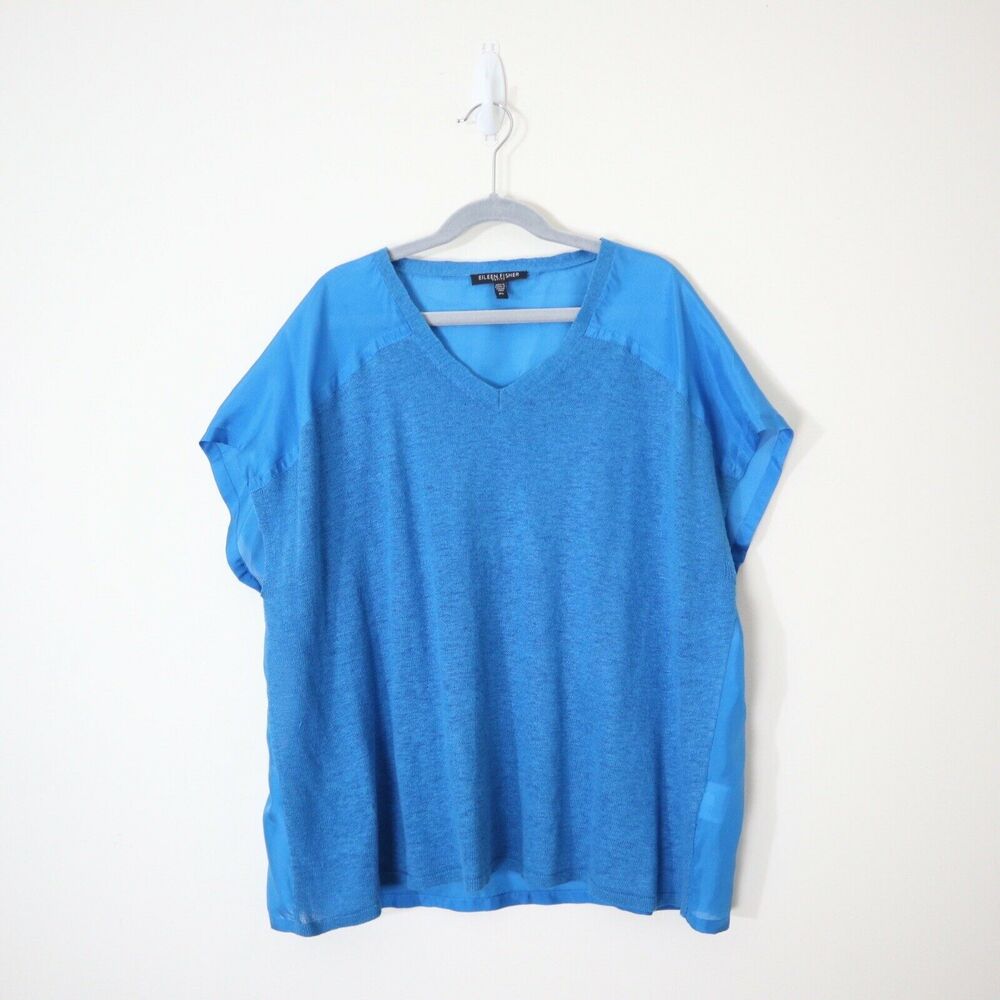 Eileen Fisher Size PS Silk Charmeuse Linen Knit Top Blue V Neck